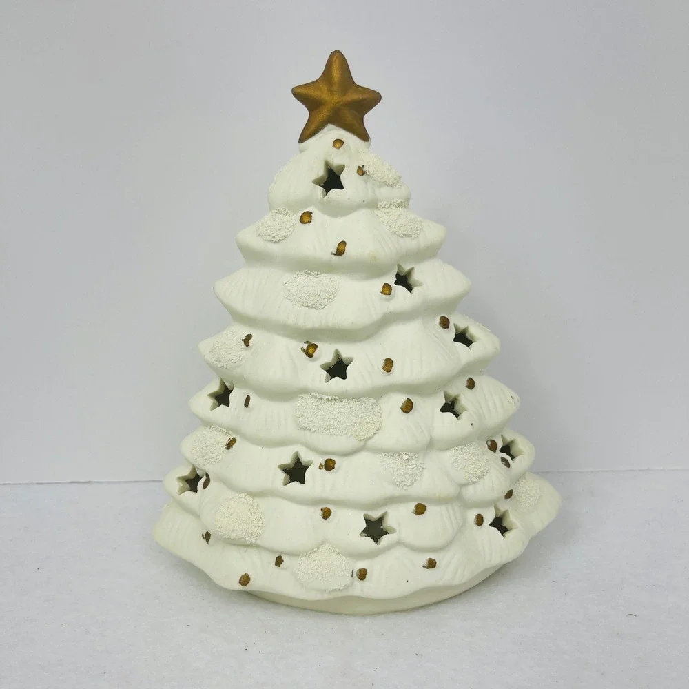 White Ceramic Christmas Tree Tea Light Holder Gold Star Cutouts Holiday Decor 8